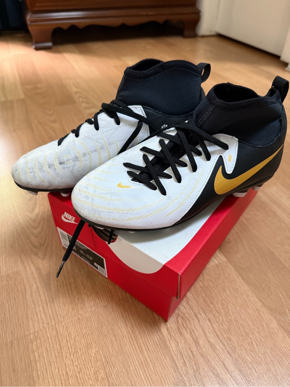 Nike Kids Soccer Cleats - White, Black & Gold Swoosh